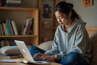 Jeune femme lisant manga sur ordinateur dans sa chambre
