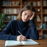 Jeune femme lisant et annotant un livre dans une bibliothèque chaleureuse