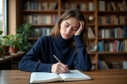 Jeune femme lisant et annotant un livre dans une bibliothèque chaleureuse