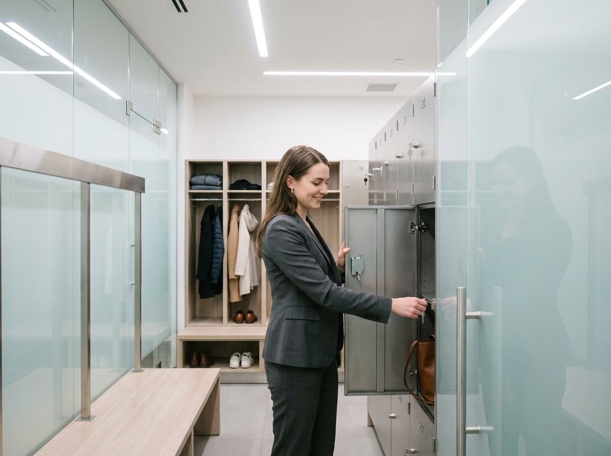 Jeune femme récupérant son sac dans un casier au bureau
