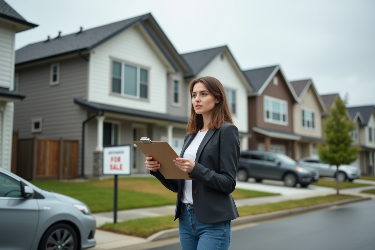 Jeune femme devant une maison en vente avec panneau