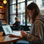 Jeune femme lisant un manga dans un café parisien