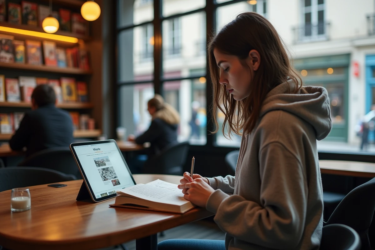 Jeune femme lisant un manga dans un café parisien