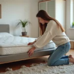 Jeune femme inspectant un matelas dans une chambre cosy