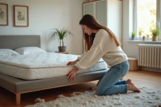Jeune femme inspectant un matelas dans une chambre cosy