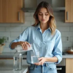 Jeune femme en cuisine mesurant de l'eau avec un verre gradué