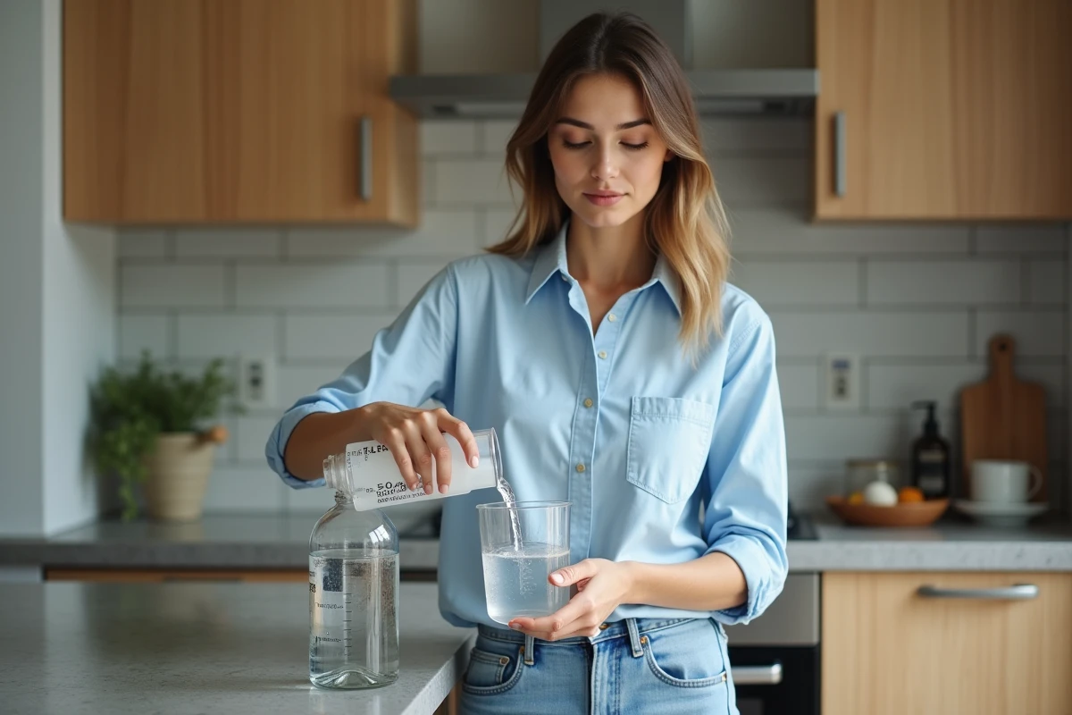 Jeune femme en cuisine mesurant de l'eau avec un verre gradué
