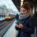 Jeune femme dans le métro parisien vérifiant le trafic
