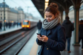 Jeune femme dans le métro parisien vérifiant le trafic
