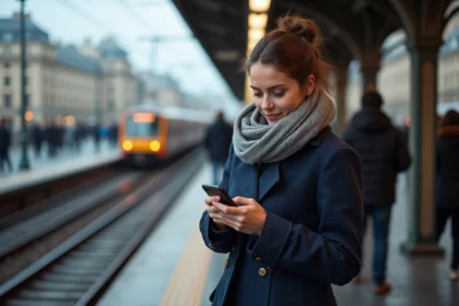 Jeune femme dans le métro parisien vérifiant le trafic