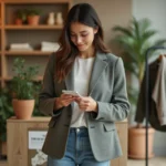 Jeune femme en boutique écologique examine une étiquette de vêtement