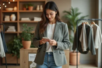 Jeune femme en boutique écologique examine une étiquette de vêtement