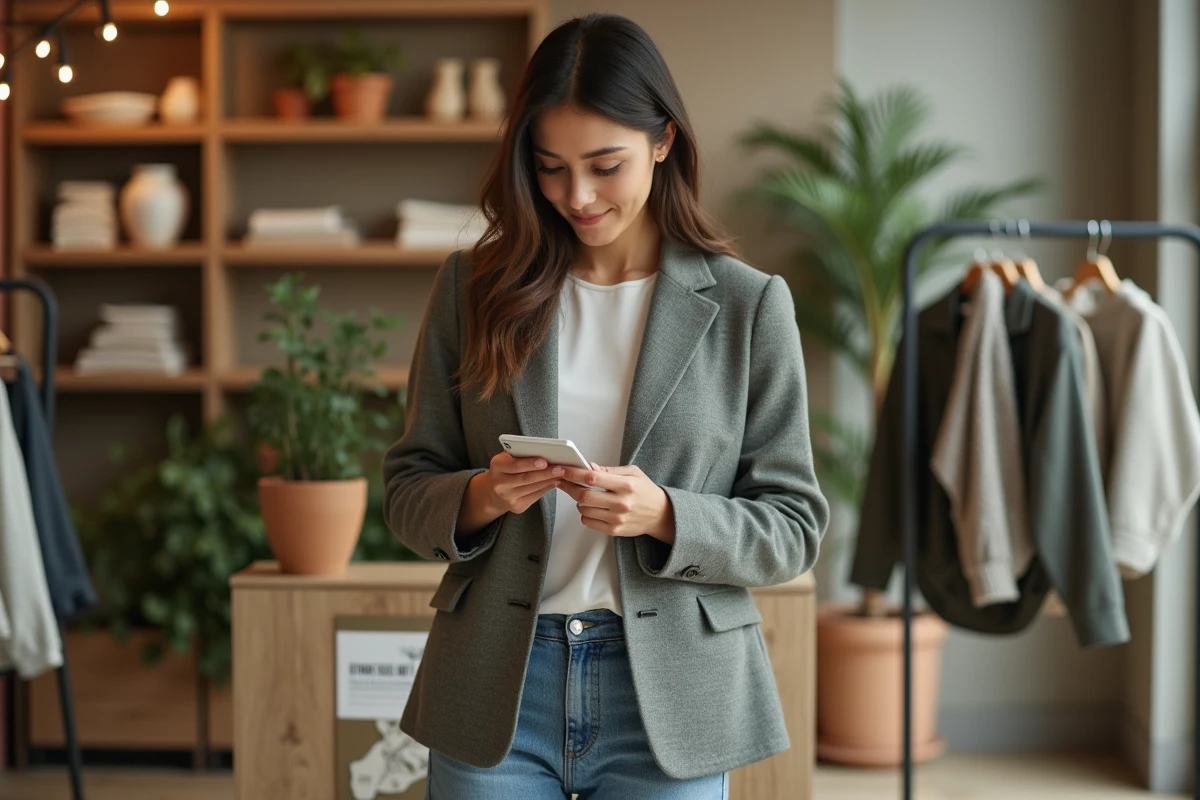 Jeune femme en boutique écologique examine une étiquette de vêtement