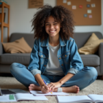 Jeune femme organisée avec notes et ordinateur en intérieur