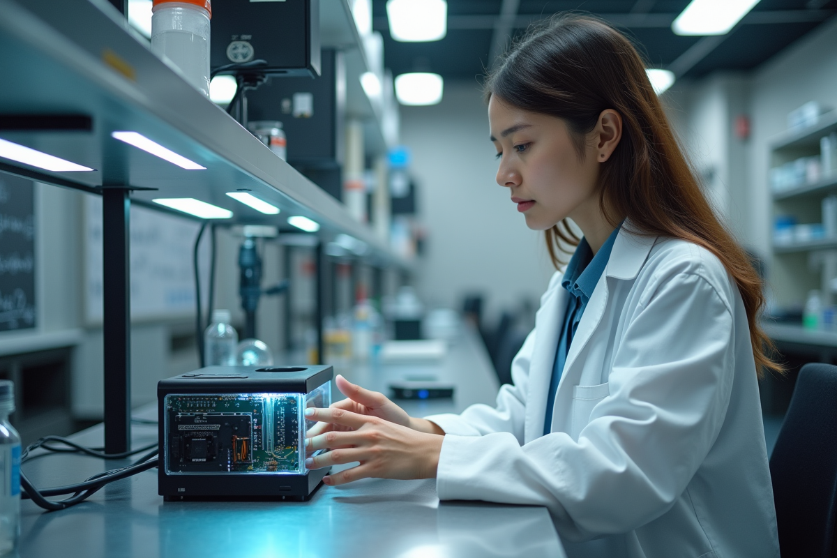Jeune scientifique ajustant un ordinateur quantique en laboratoire