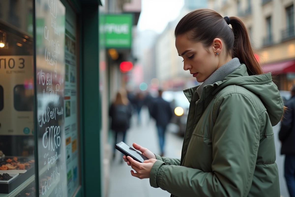 Jeune femme examinant un vieux téléphone Sony Ericsson devant un kiosque