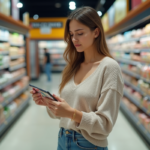 Jeune femme dans un supermarché américain examine un prix