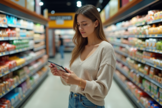 Jeune femme dans un supermarché américain examine un prix