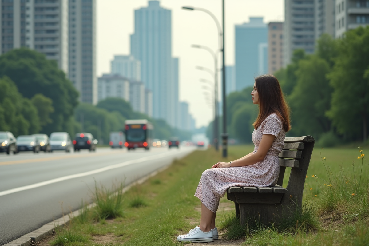 Jeune femme assise sur un banc face à la ville en expansion