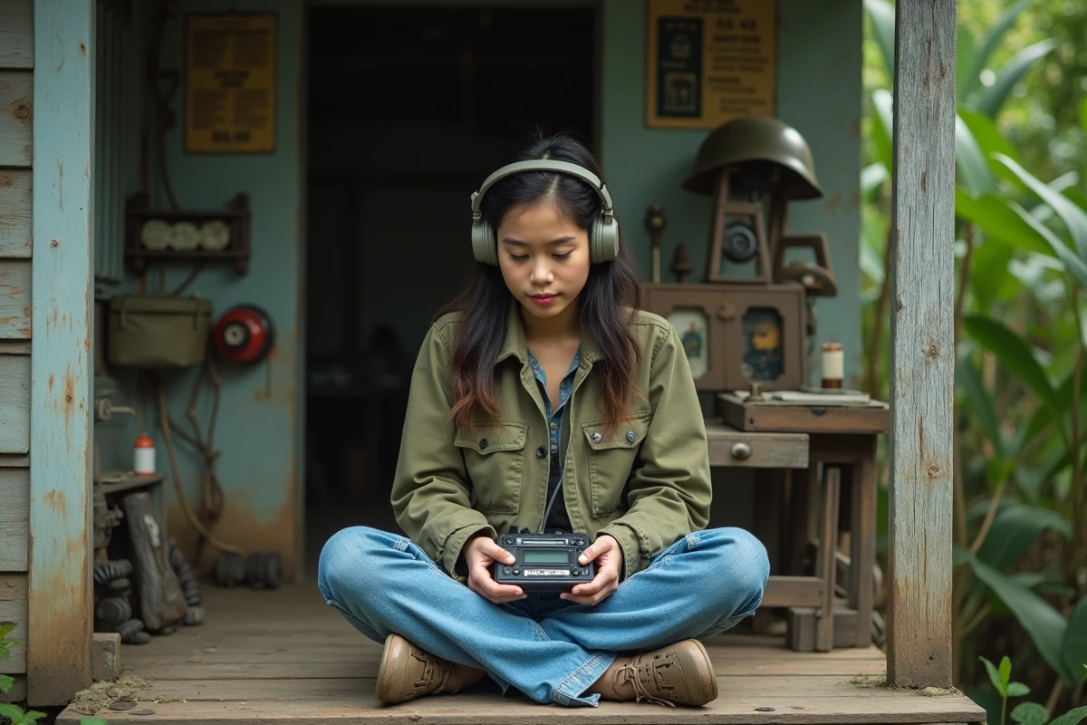 Jeune femme asiatique écoute un lecteur cassette en extérieur