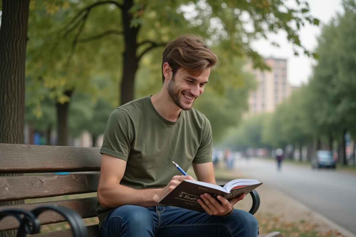 Jeune homme résolvant un puzzle dans un parc urbain