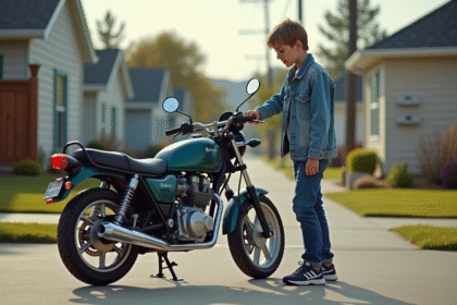 Jeune garçon inspectant une moto 50cc dans une cour résidentielle
