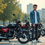 Jeune homme en denim avec motos 125cc en ville