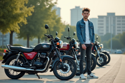 Jeune homme en denim avec motos 125cc en ville