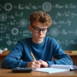 Jeune homme concentré en physique électrique avec livres et calculatrice