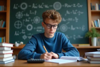 Jeune homme concentré en physique électrique avec livres et calculatrice