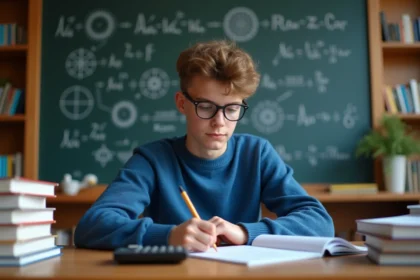 Jeune homme concentré en physique électrique avec livres et calculatrice