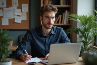 Jeune homme concentré devant son ordinateur au bureau