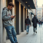 Jeune homme en hoodie casual vérifiant son téléphone dans la ville