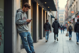 Jeune homme en hoodie casual vérifiant son téléphone dans la ville