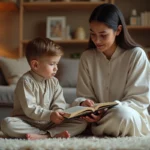 Jeune garçon et mère lisant le Quran dans un salon chaleureux