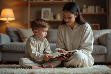 Jeune garçon et mère lisant le Quran dans un salon chaleureux