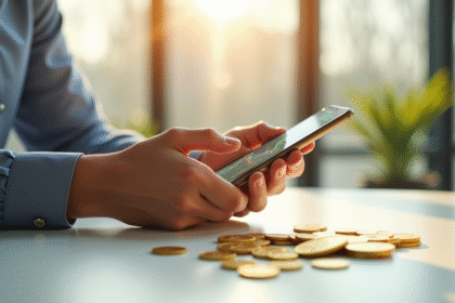 Jeune professionnel avec smartphone montrant un graphique de cryptomonnaie en hausse