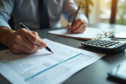 Jeune professionnel vérifiant une fiche de paie sur un bureau moderne