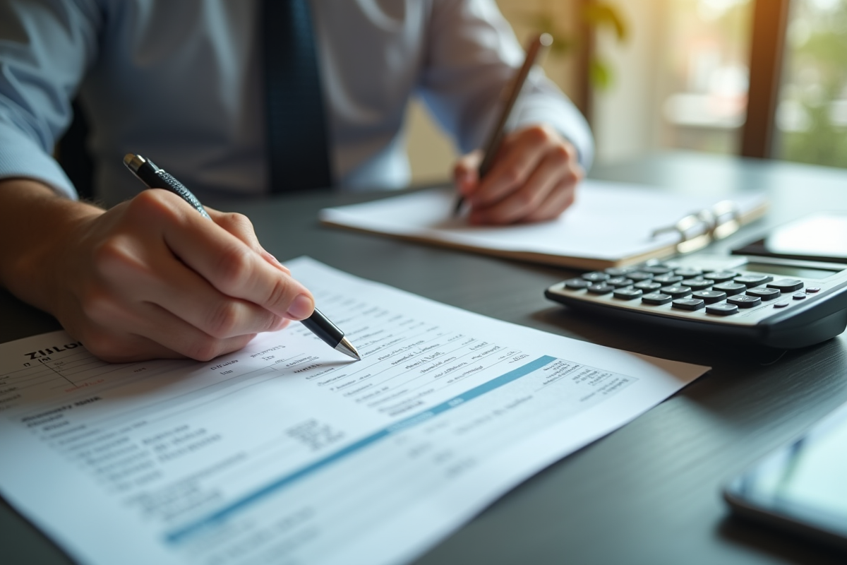 Jeune professionnel vérifiant une fiche de paie sur un bureau moderne