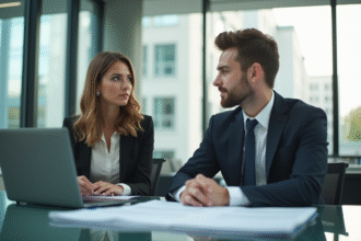Jeune femme et homme en réunion dans un bureau lumineux