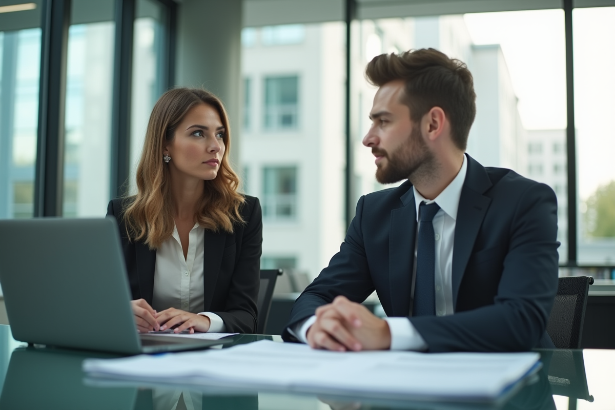 Jeune femme et homme en réunion dans un bureau lumineux
