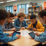 Groupe d'adolescents jouant à un jeu numérique en classe