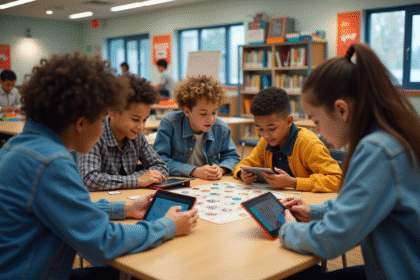 Groupe d'adolescents jouant à un jeu numérique en classe