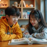 Deux adolescents dans un manga café japonais moderne