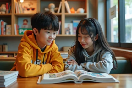 Deux adolescents dans un manga café japonais moderne