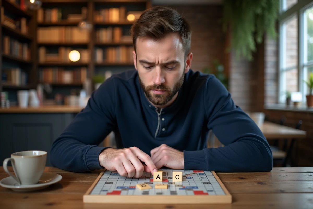 Joueur de Scrabble analysant ses lettres ACE sur un porte-tuile dans un café chaleureux