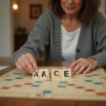 Joueuse de Scrabble plaçant les lettres du mot ACE sur un plateau de jeu en bois lors d'une partie à domicile