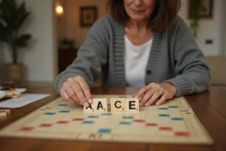 Joueuse de Scrabble plaçant les lettres du mot ACE sur un plateau de jeu en bois lors d'une partie à domicile
