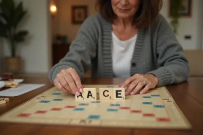 Joueuse de Scrabble plaçant les lettres du mot ACE sur un plateau de jeu en bois lors d'une partie à domicile