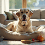 Labrador assis confortablement dans un lit pour chien